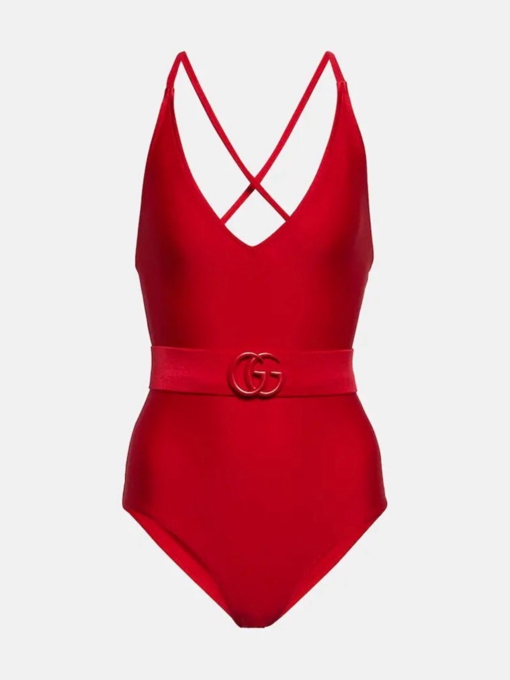 Gucci Red V‑Neck One‑Piece Swimsuit with Logo Belt